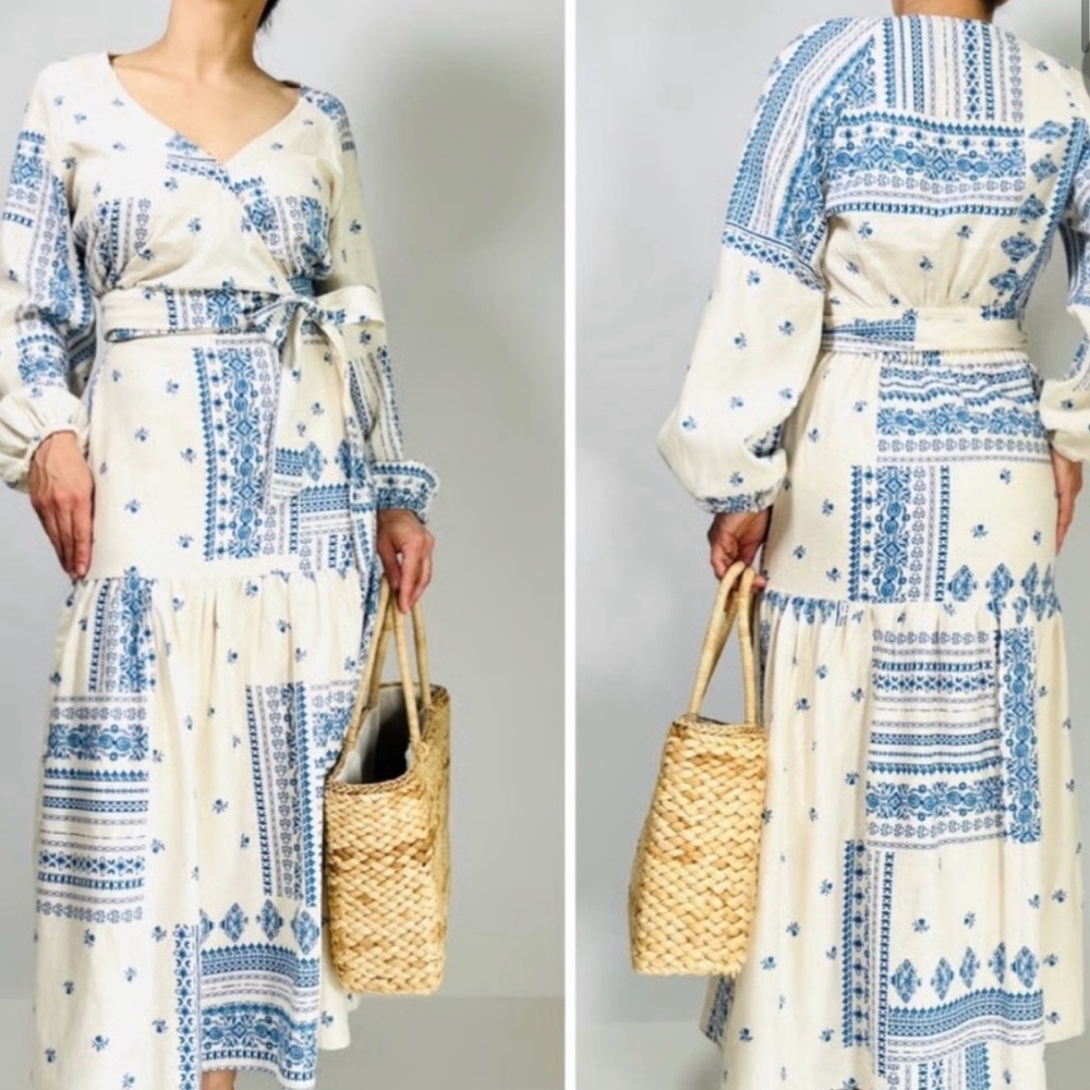 Anthropologie Maison D'Amélie Paris Blue Tile Print WrapTop and Skirt Set Small